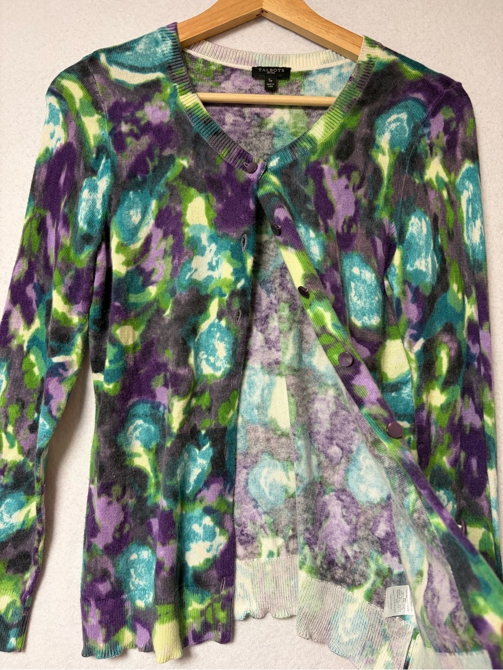 Talbots Petites Watercolor Floral Print Cardigan Sweater Size SP